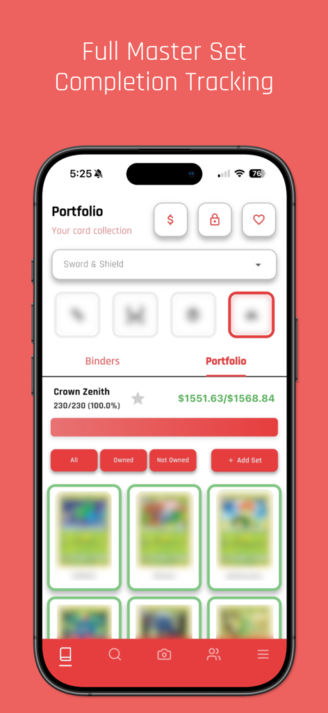 PokeLenz - TCG Scanner - PokeLenz app screen showing a completed Pokemon Crown Zenith master set with total market value tracking