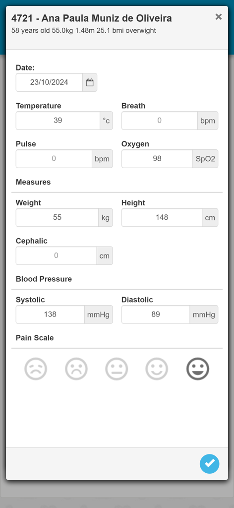 Electronic medical record interface showing fields for patient vital signs weight blood pressure and pain scale