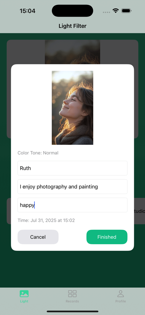 Deggo - Deggo app screen showing a portrait photo with professional light filters and a profile information popup.