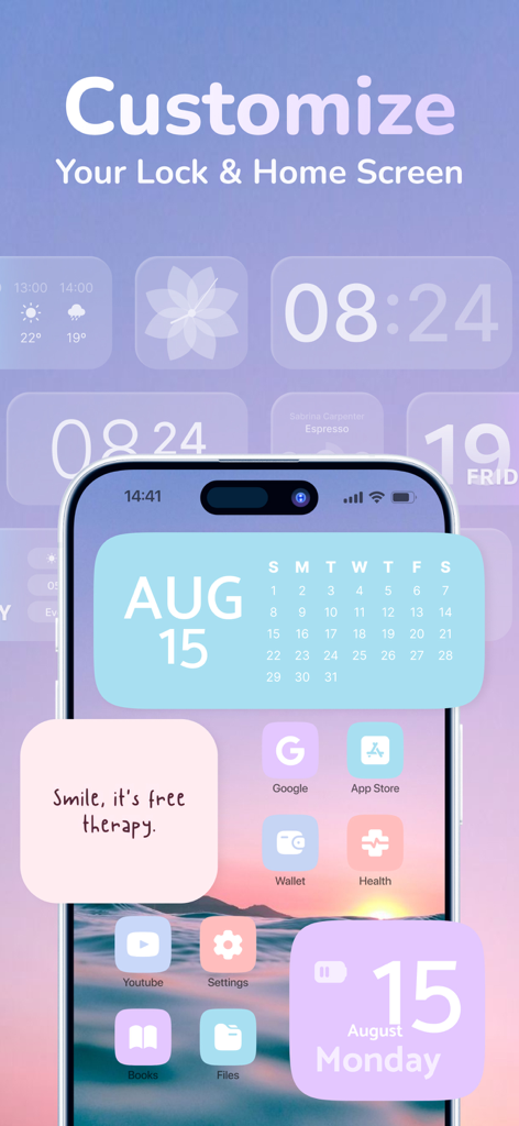 Thematic - Top Color Widgets - Custom iPhone home screen with aesthetic pastel widgets and icons from Thematic app