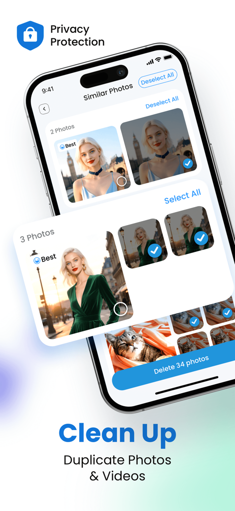 Sweepy Clean app interface demonstrating AI identification and deletion of similar photos to free up storage space.