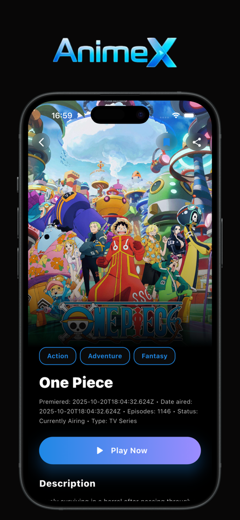Interface do aplicativo Play Animes TV mostrando detalhes da série de anime One Piece com um botão de reprodução e tags de gênero