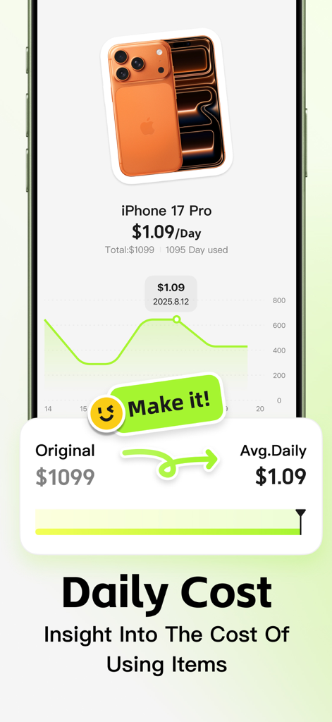 Mobile app screen of iAsset showing the daily cost calculation for an iPhone 17 Pro asset.