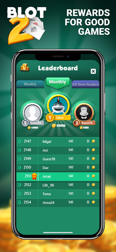 Blot 2 - Blot 2 card game leaderboard screen showing monthly player rankings