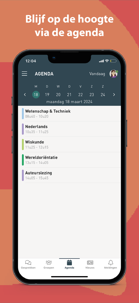 Uma interface de celular do aplicativo Questi exibindo uma programação diária escolar e agenda para alunos e professores.