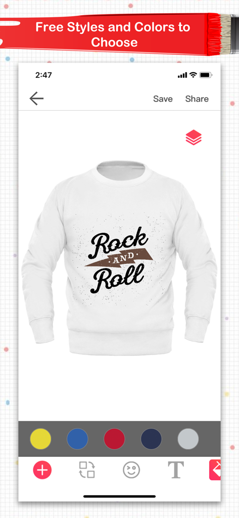 Super T-Shirt Designer - Mobile app interface showing a white sweatshirt with a Rock and Roll graphic and color customization tools