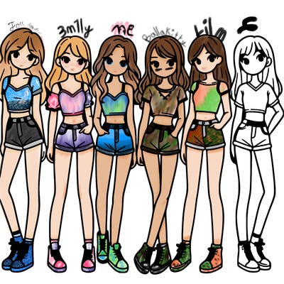 a group of girls wearing crop tops and shorts