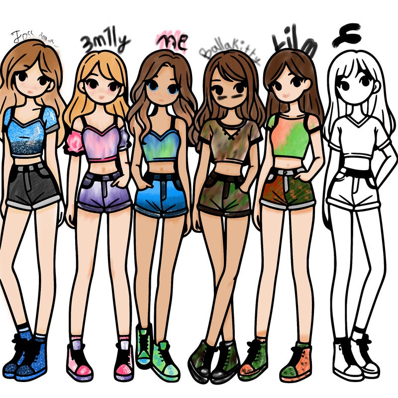 a group of girls wearing crop tops and shorts