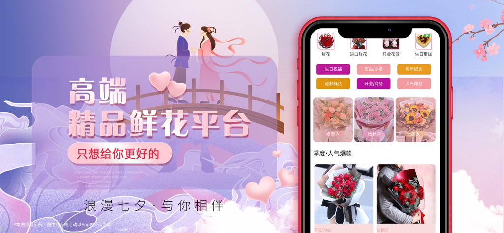 花思鲜花-同城订花商城一站式闪送 - The Huasi Flowers mobile app interface displaying premium flower bouquets and cake delivery categories for Chinese expatriates.