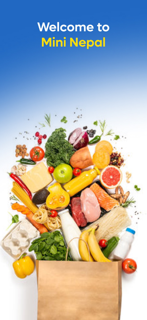 Pantalla de bienvenida de la aplicación Mini Nepal Shopping mostrando una bolsa de comestibles llena de verduras frescas, frutas y carnes