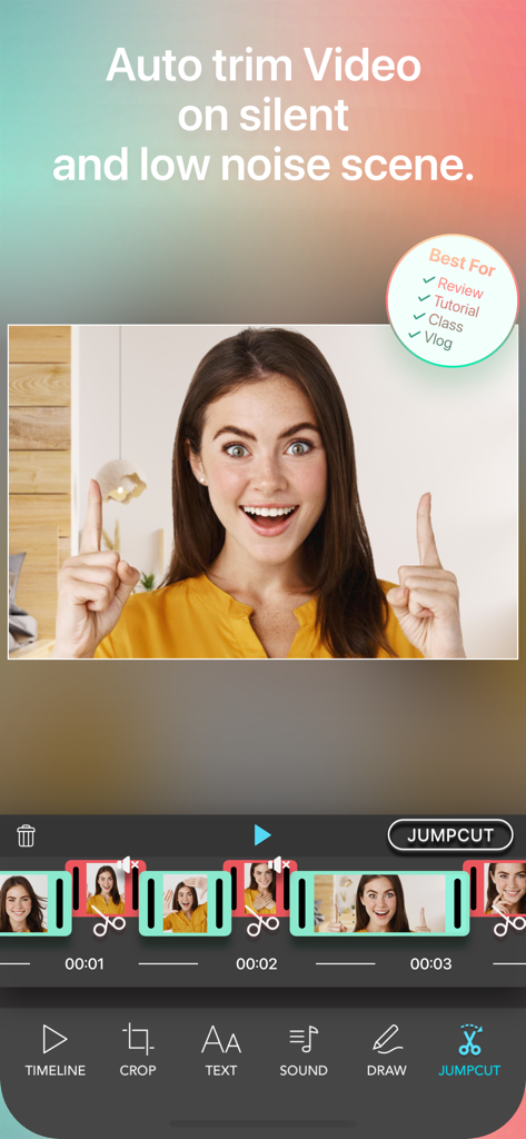 Crop Video Square Editor - Interface de l'application Crop Video Square Editor montrant la fonction de découpe automatique pour les scènes silencieuses et les outils de montage vidéo jumpcut