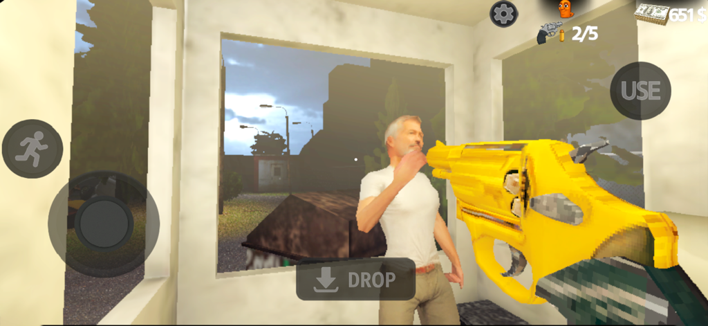 First person view of a player holding a golden revolver in Tung Tung Sahur The Game