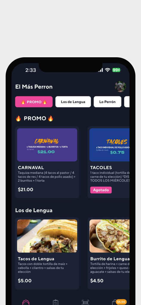 Xolos Mexican Food - Xolos Mexican Food app interface showing daily promotions and menu items like tacos
