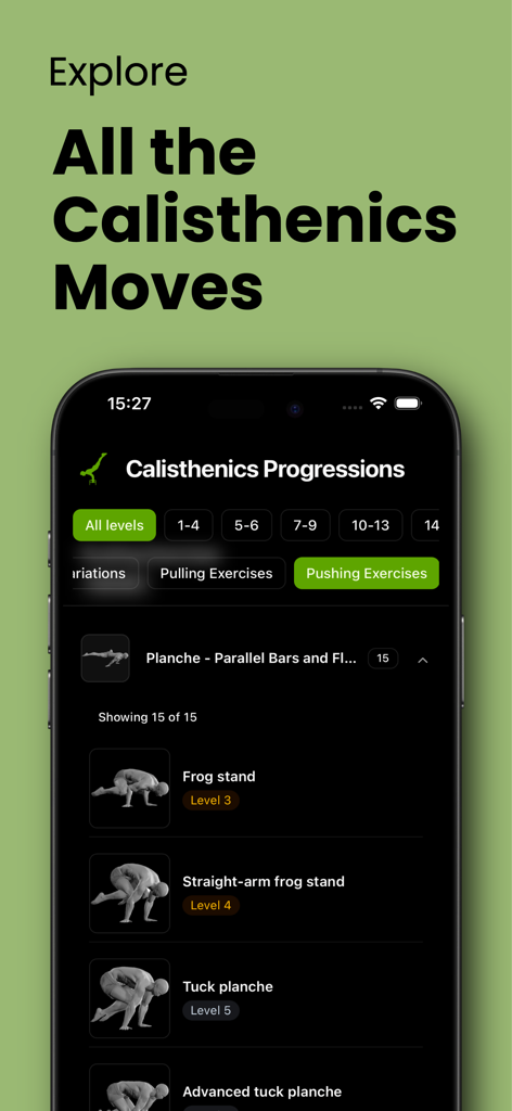 Calimax: Calisthenics Coach - Pantalla de la aplicación Calimax que muestra una biblioteca de progresiones de ejercicios de calistenia por nivel.