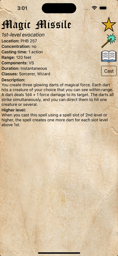 D&D Spellbook 5e - Details of the Magic Missile spell in the D&D Spellbook 5e app showing description and stats