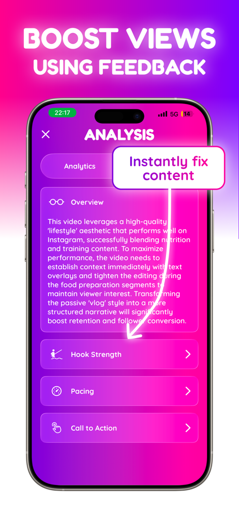Blow Up - Go viral using AI - Blow Upアプリのインターフェースに、ソーシャルメディア視聴回数を増やすためのAI分析とフィードバックが表示されています