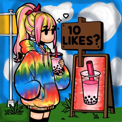 girl with oversized hoodie drinking boba and she has a high ponytail with a sign that says 10likes?