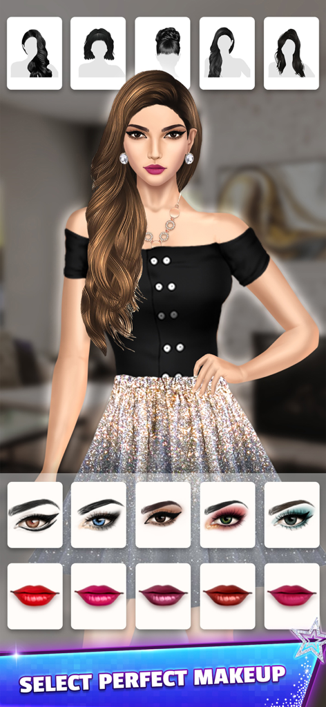 Fashion - Dress Up Games - Interfaz de usuario de un juego de vestir de moda que muestra opciones de cabello, maquillaje de ojos y lápiz labial para una modelo.