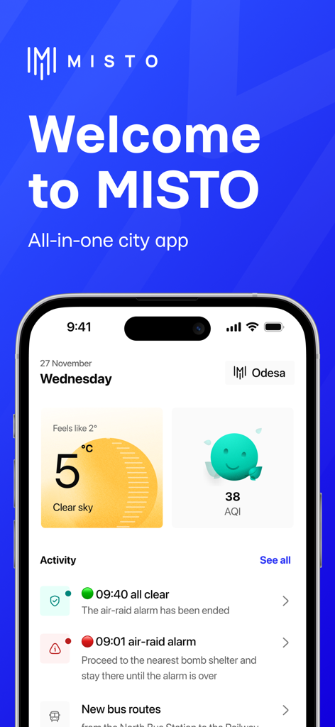 MISTO - The welcome screen of the MISTO app showing a city dashboard with local weather air quality index and an activity feed with emergency alerts and transport updates