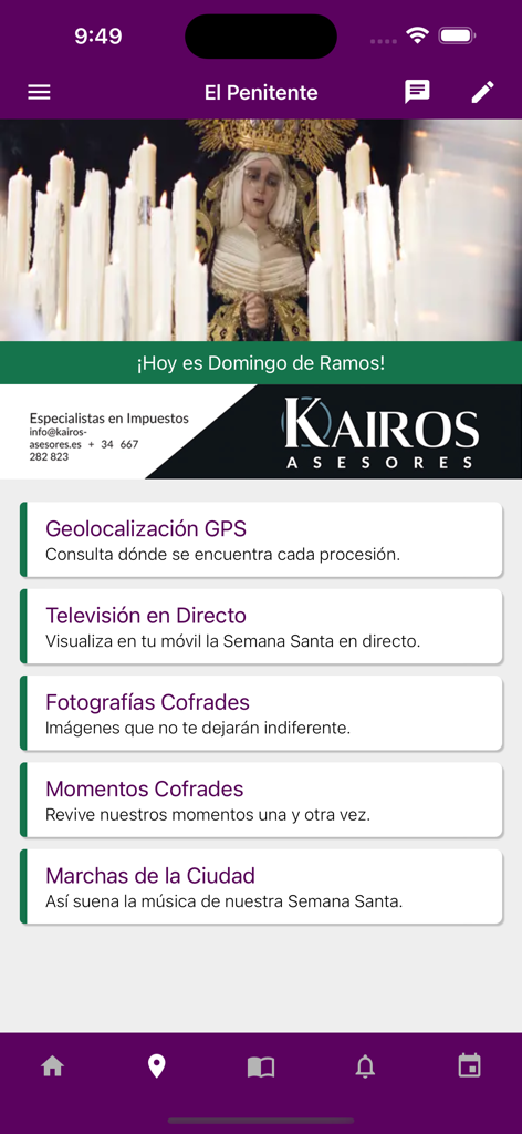 Écran d'accueil de l'application El Penitente montrant des fonctionnalités pour la Semaine Sainte telles que le suivi GPS et la télévision en direct
