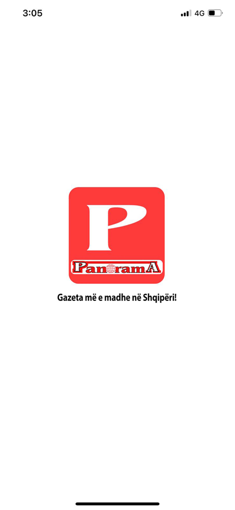 Gazeta Panorama app splash screen showing the red and white logo and slogan in Albanian
