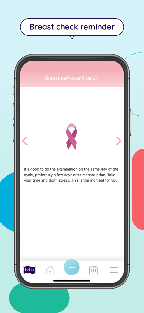Kalendarzyk Bella - A screenshot of the Kalendarzyk Bella app showing the breast self-examination screen with a reminder to perform a regular check.
