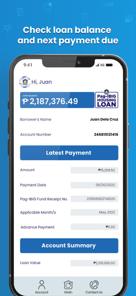 Virtual Pag-IBIG - バーチャルPag-IBIGの住宅ローン残高と最近の支払い詳細が表示されたモバイルアプリのインターフェース。