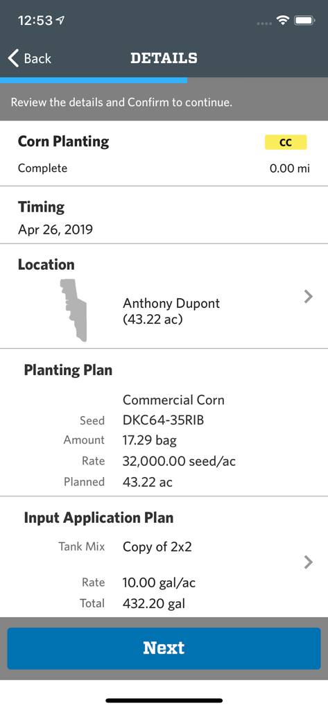 Traction Enterprise - Traction Enterprise app screen displaying corn planting task details including location, seed rate, and application plan.