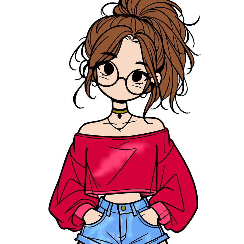 girl with a messy ponytail glasses a baggy crop top and jean shorts