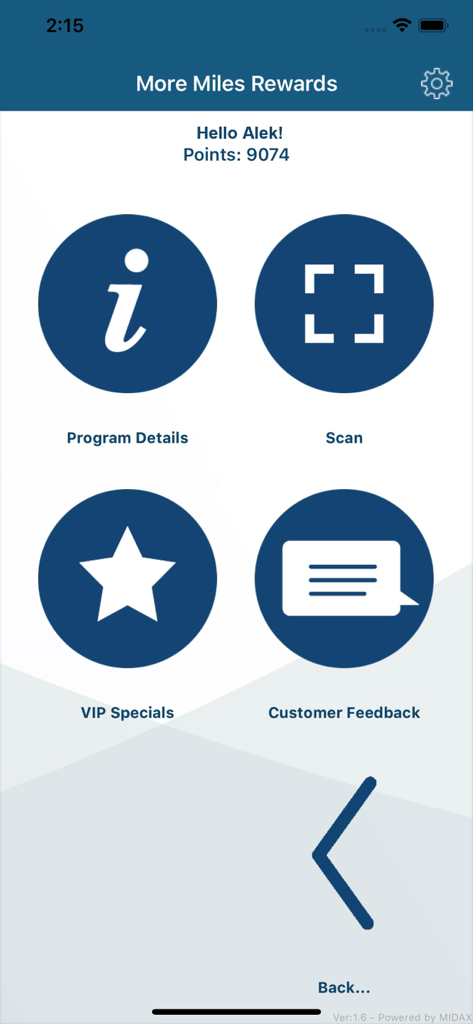 Dashboard of the More Miles Rewards app displaying user points balance and menu icons for scan and specials.