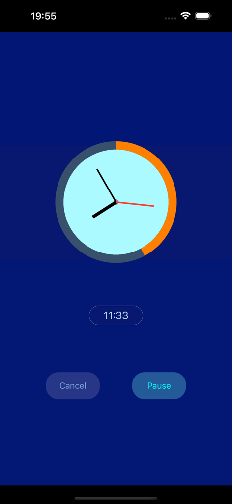 VibeTimer - Vibration Timer - Interfaz de la aplicación VibeTimer que muestra un reloj de cuenta regresiva visual con una barra de progreso circular naranja y un botón de pausa.