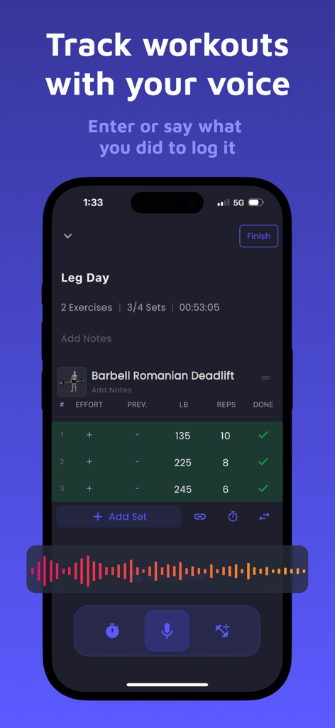Spotr: Strength Training - Mobile interface of Spotr app featuring voice-controlled workout logging for weightlifting