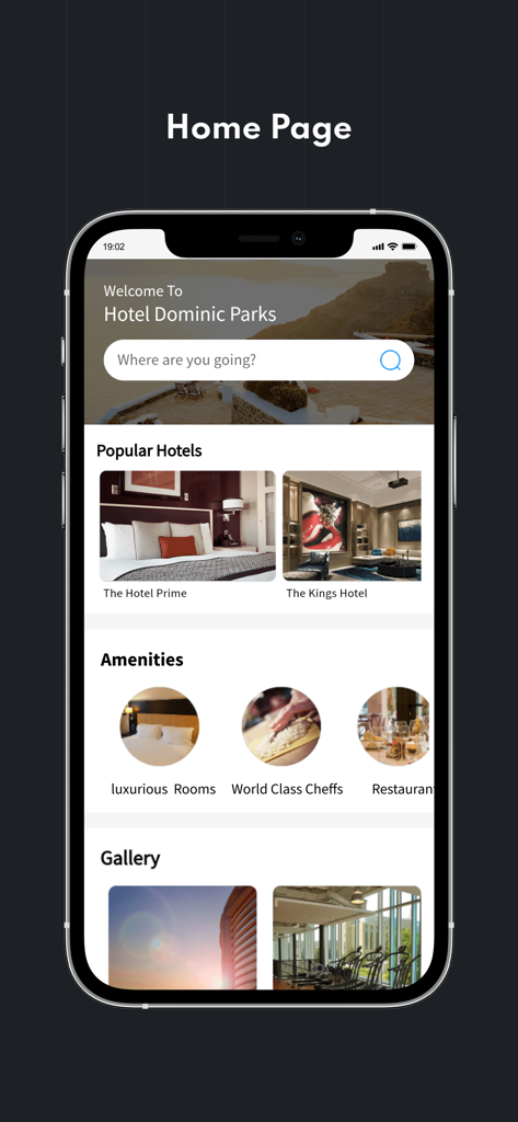 QloApps Hotel App Builder - ホテル予約アプリのホームページのモバイルインターフェース。検索バー、人気ホテルリスト、ホテルのアメニティが特徴です。