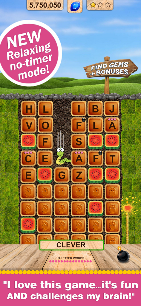 Word Wow Seasons gameplay showing the worm character and letter tiles in no-timer mode