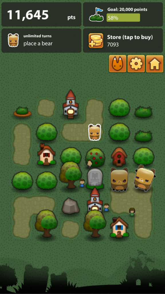 A gameplay screenshot of Triple Town showing a grid with trees, houses, and bears