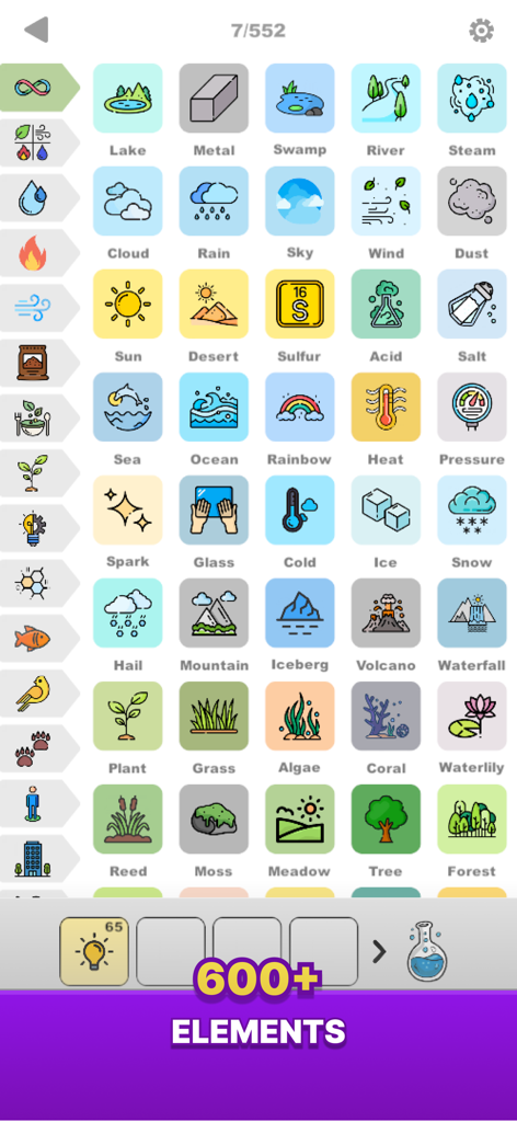 Alchemy - Merge Puzzle Game - A grid of colorful elemental icons including nature and science items in the Alchemy Merge Puzzle Game