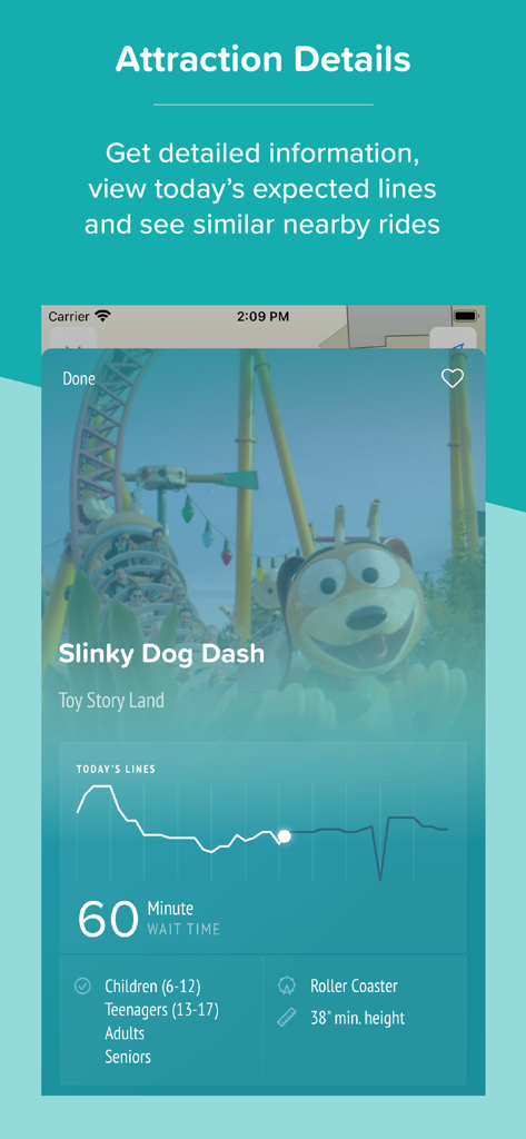 Orlando Theme Park Day - Attraction details for Slinky Dog Dash showing wait times and daily trends in the Orlando Theme Park Day app