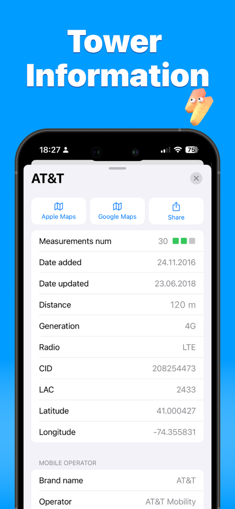 Vista detallada de la información de la torre celular, incluido el tipo de red, la distancia y el nombre del operador