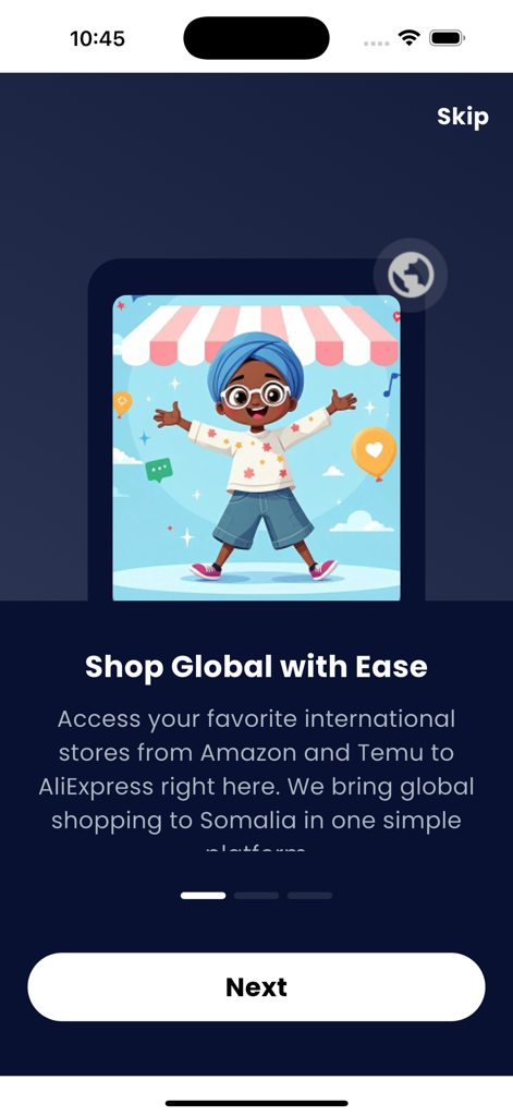 Pantalla de incorporación de la aplicación FastDrop con una ilustración de personaje alegre y el texto Compra Global con Facilidad.