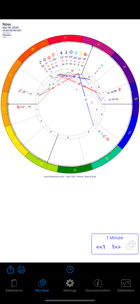 iPhemeris Astrology Ephemeris - Una ruota del grafico astrologico dettagliata dall'app iPhemeris che mostra le posizioni planetarie e gli aspetti in tempo reale.