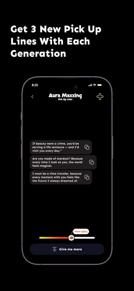 Interface of the Aura Maxxing app showing three AI-generated pickup lines and a slider to adjust rizz spiciness.