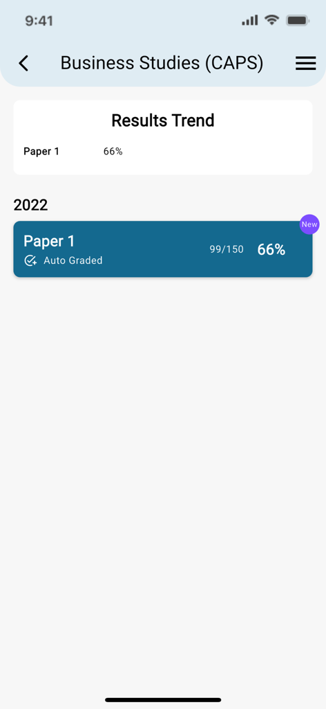 ExamEase - A screenshot of the ExamEase app showing an auto-graded exam result and results trend for Business Studies