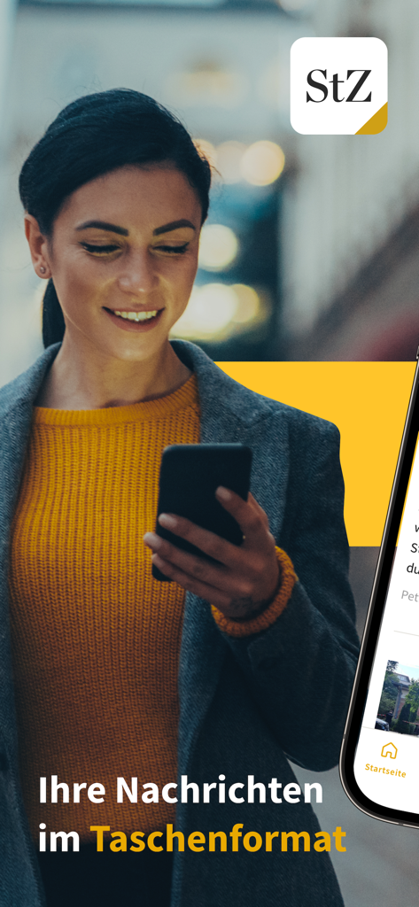 StZ News - Stuttgarter Zeitung - Eine lächelnde Frau liest auf ihrem Smartphone die Nachrichten-App der Stuttgarter Zeitung.