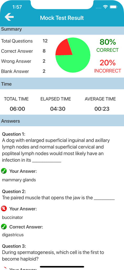 Resumo dos resultados do teste prático e revisão de respostas no aplicativo Quiz de Anatomia Veterinária