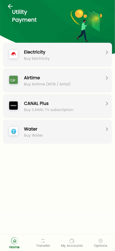 MyBOA - RWANDA - Pantalla de pago de servicios públicos en la aplicación MyBOA Ruanda mostrando opciones para electricidad, tiempo aire y agua.