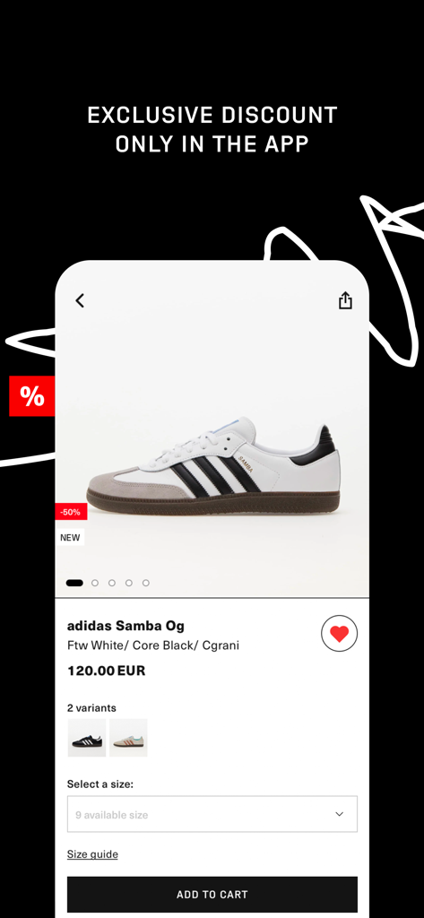 Footshop mobile app showing an exclusive discount on adidas Samba Og sneakers