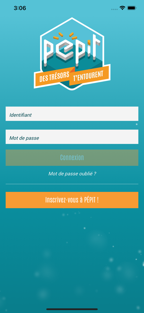 PÉPIT - Login screen for the PEPIT treasure hunt mobile app with username and password fields