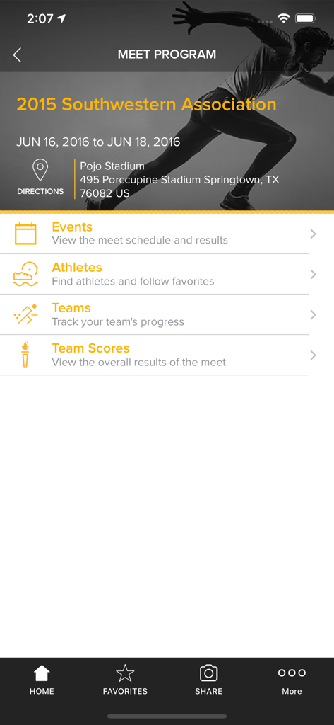 Meet Program screen of the Track and Field Meet Mobile app showing event details and navigation options