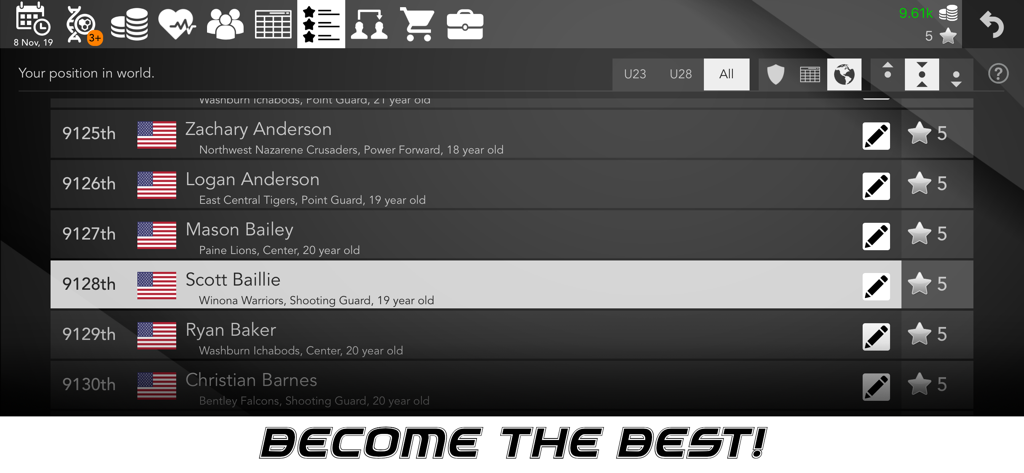 Basketball Superstar game screen showing world player rankings and statistics leaderboard