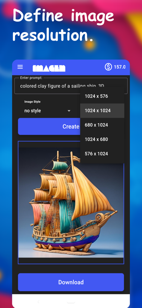Imagen AI - Imagen AIアプリのインターフェース。帆船の生成された画像の解像度選択メニューが表示されています。
